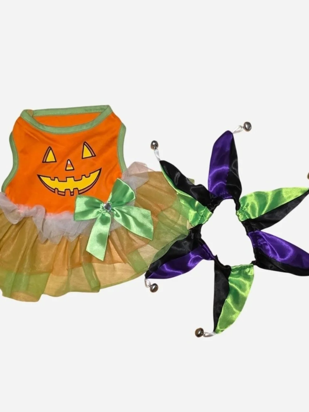 Pet Costume Orange & Green Tutu, Jack-O-Lantern, Jester Collar w/Bells Cat Dog